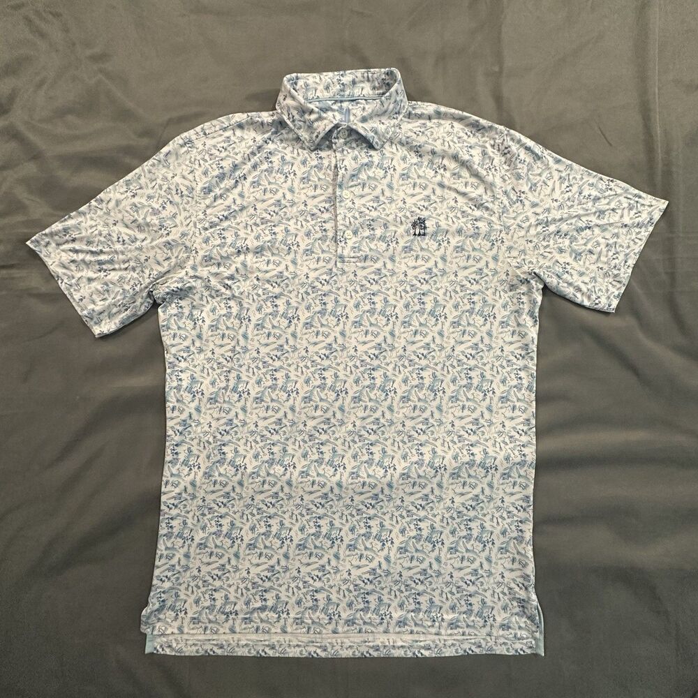 Johnnie-O Featherweight Polo Hawaiian Aloha Guitar AOP Men's M Blue Golf Shirt